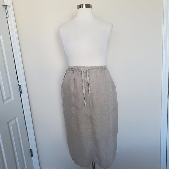 Silhouettes Plus Size 1X 100% Linen Skirt Pockets Elastic Waist Back Slit Beige - Picture 2 of 12